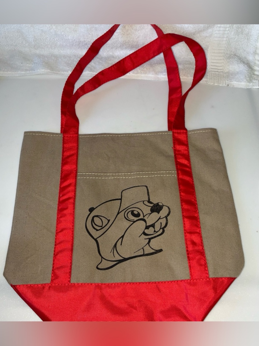 Bucees Buc-ee’s-Mini Tote Bag Never Used 13x12 Market Bag Small Reusable Red Tan